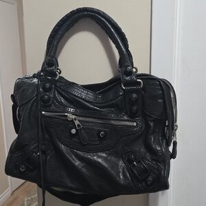 Balenciaga City Black Leather Satchel with Silver Hardware